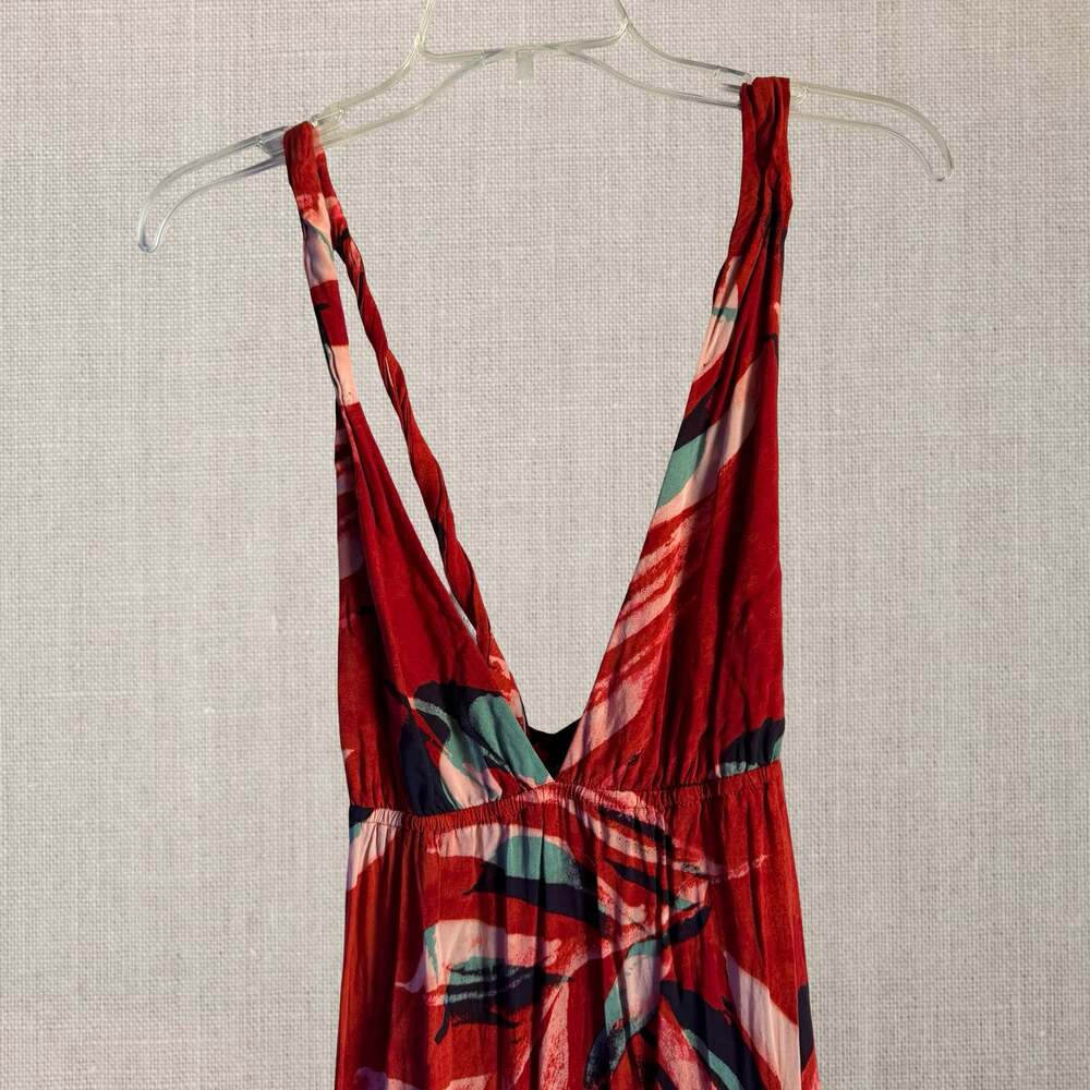 Anthropologie Red Tropical Print Deep V-Neck Tiered Maxi Dress tropical goddess - Picture 4 of 12